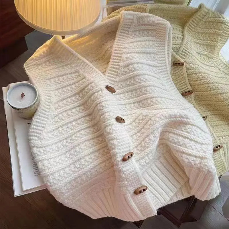 Stickad väst för kvinnor - Knappar framtill - Avslappnad lager-på-lager-modell - Ärmlös design