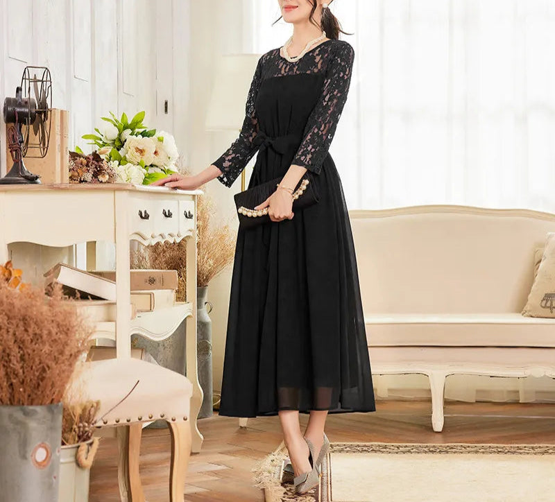 Elegant damklänning - Spetsärmdetalj - Midjeband - Midilängd