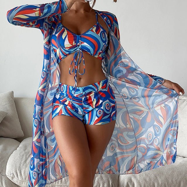 Dam Bikini Set – V-ringad Topp – Justerbar Knytning – Hög Midja – Långt Transparent Omslag