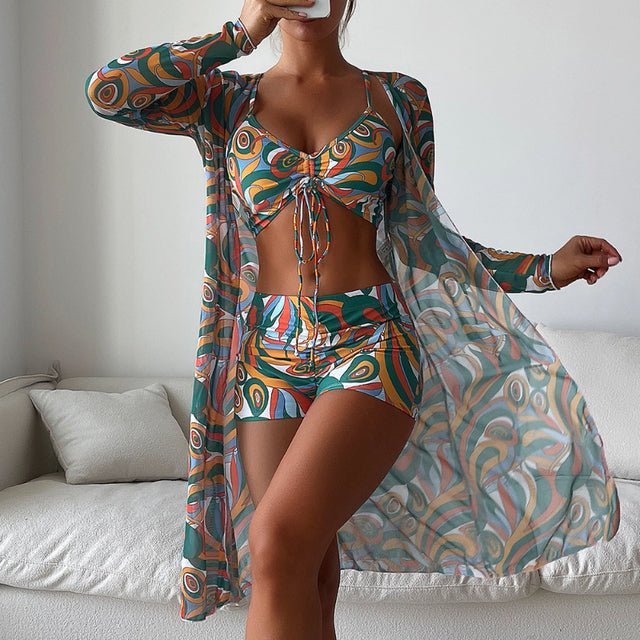 Dam Bikini Set – V-ringad Topp – Justerbar Knytning – Hög Midja – Långt Transparent Omslag