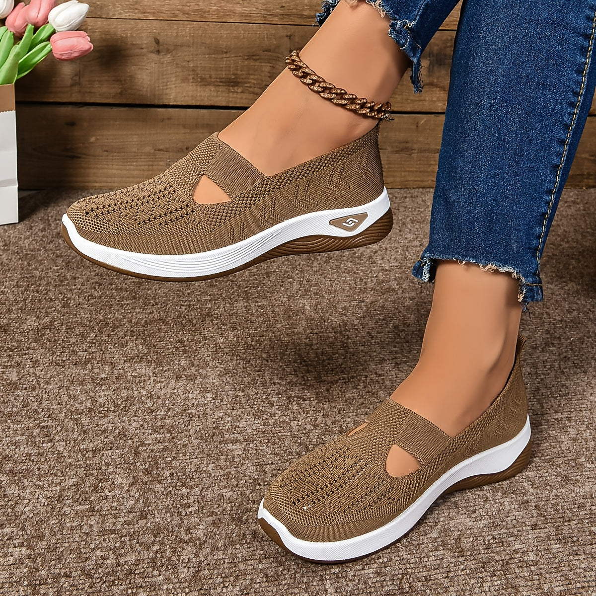 Dam sneakers slip-on – låg modell – andningsbar stickad ovandel – dämpad sula