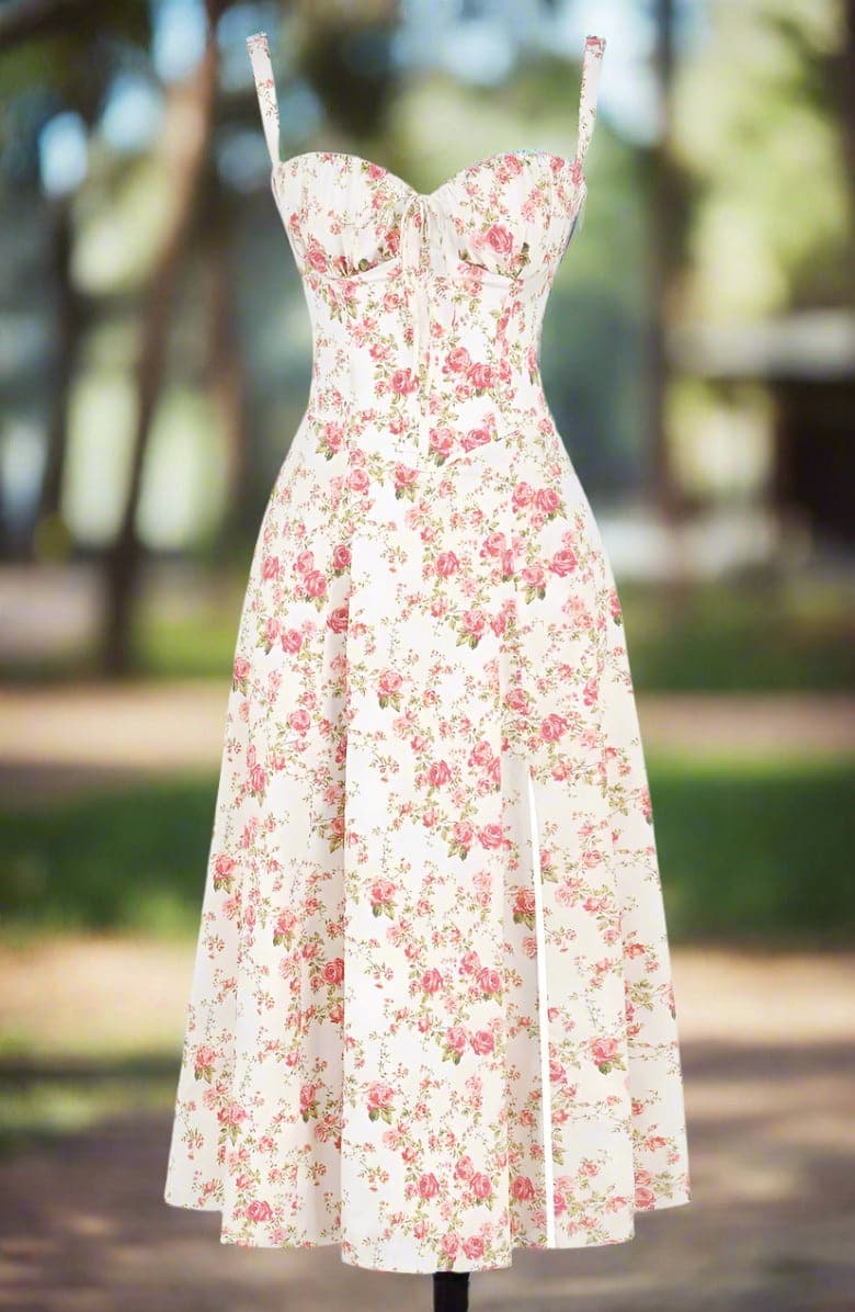 Klänning för dam - Vintage Stil - Midi Längd - Blommigt Mönster - Figurnära Liv & A-linje