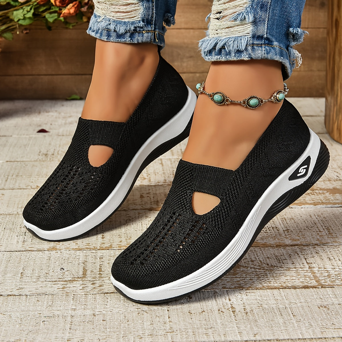 Dam sneakers slip-on – låg modell – andningsbar stickad ovandel – dämpad sula