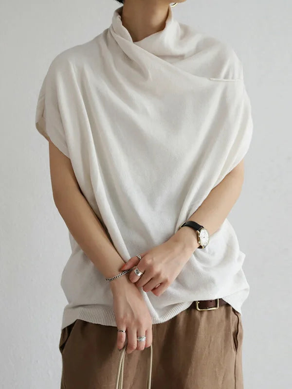 Dam Topp - Asymmetrisk Draperad Krage - Kortärm - Lös Passform - Elegant och Bekväm