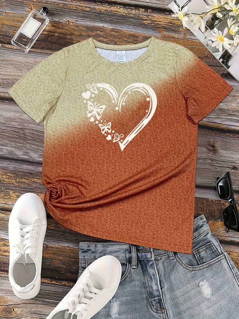 Dam T-shirt - Rundhals - Kortärmad - Fjäril & Hjärtmotiv - Bekväm Vardagströja