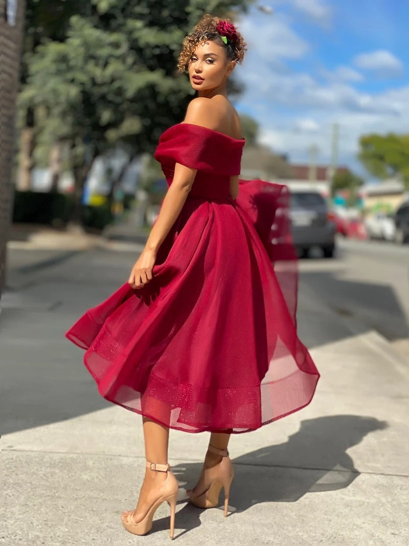 Dam Klänning - Off-Shoulder - Figursydd Liv - Vid Kjol - Tealängd Elegant Look