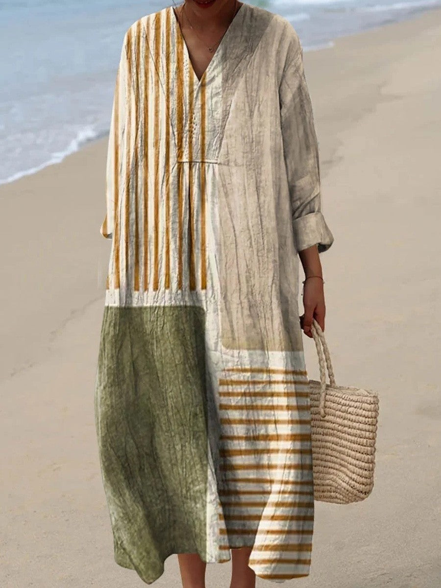 Damklänning Maxilång – Avslappnad Passform – V-ringning – Lång Ärms – Naturliga Fibrer – Abstrakt Mönster