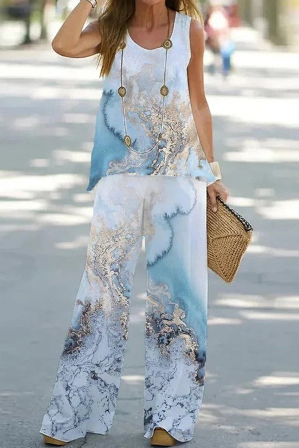 Damset med ärmlös topp och vida byxor – Avslappnad passform – Andningsbar mix