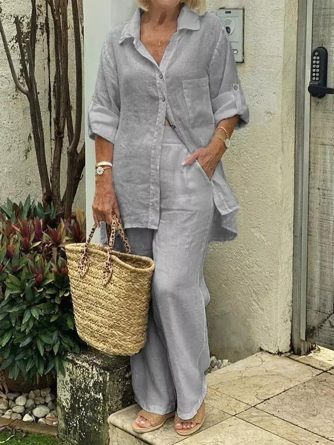 Damset – Naturliga fibrer – Avslappnad passform – Långärmad skjorta – Hellånga byxor