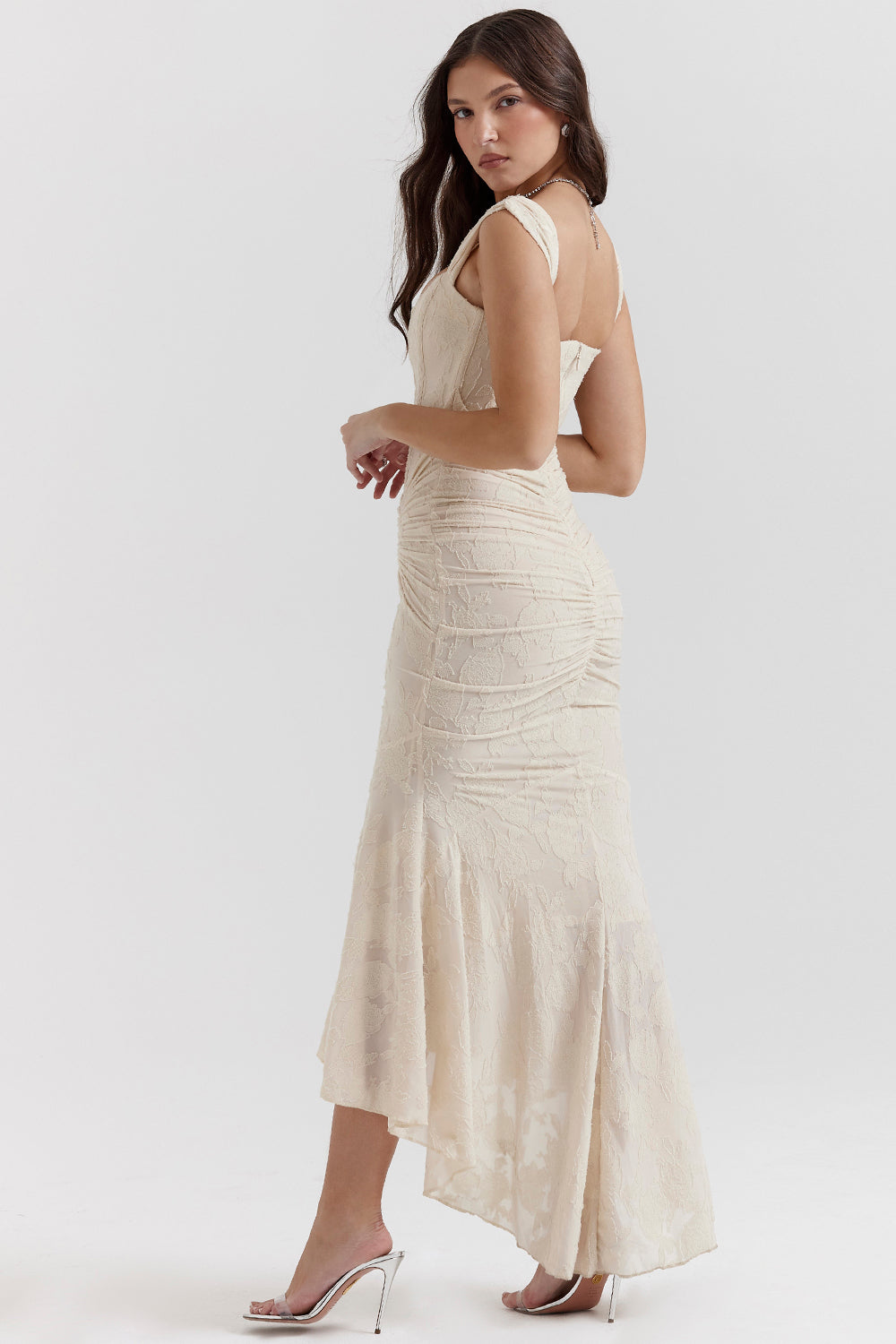Damklänning – Off Shoulder – Spets – Figurnära Passform – Elegant Lång Aftonklänning