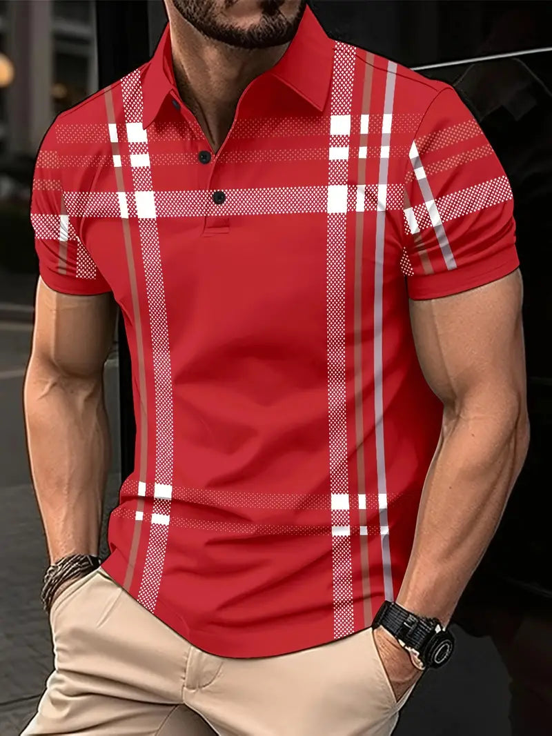 Herr Polo T-shirt - Rutigt Mönster - Slim Fit - Andningsbar Kortärmad
