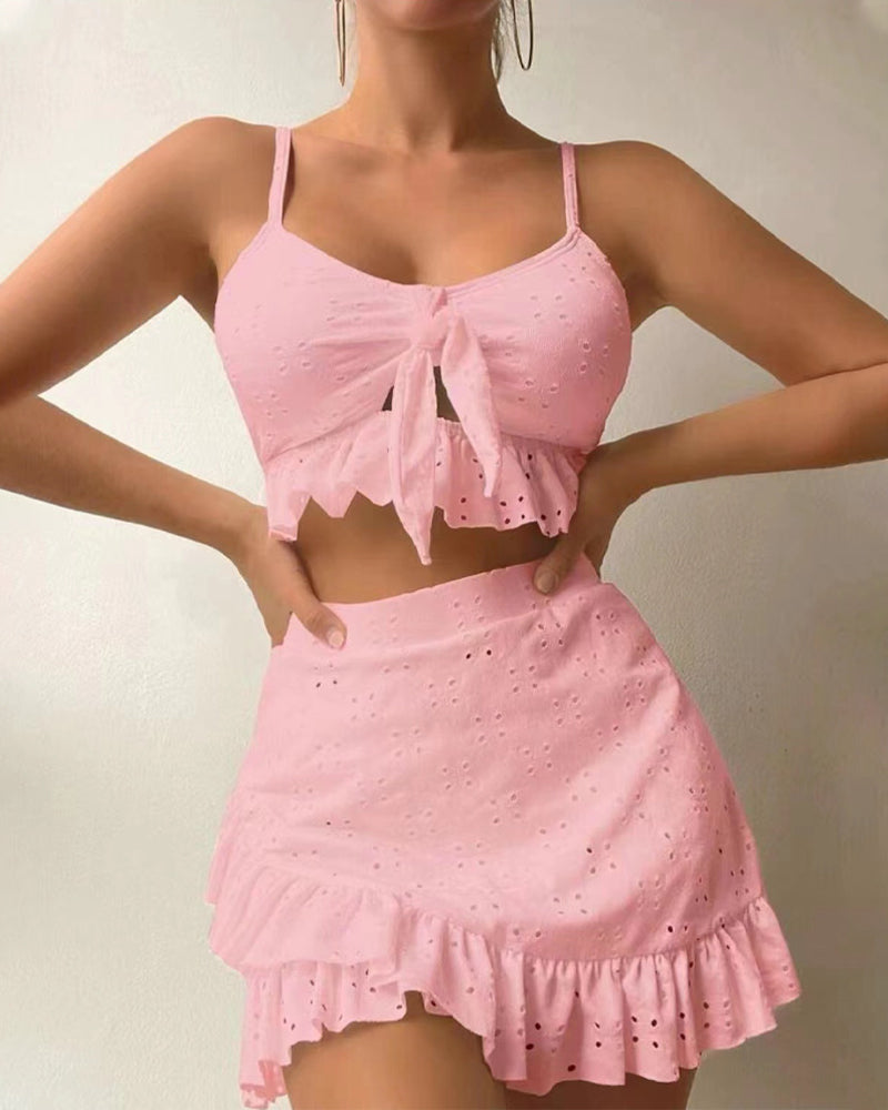 Dam Bikini Set – Knytfront Topp – Broderad Struktur – Volangkjol – Andningsbar Mix