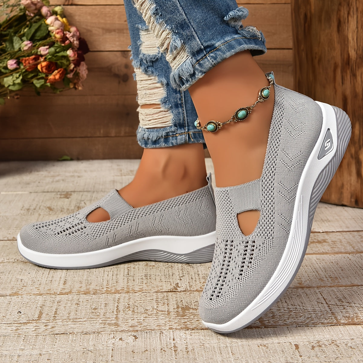 Dam sneakers slip-on – låg modell – andningsbar stickad ovandel – dämpad sula