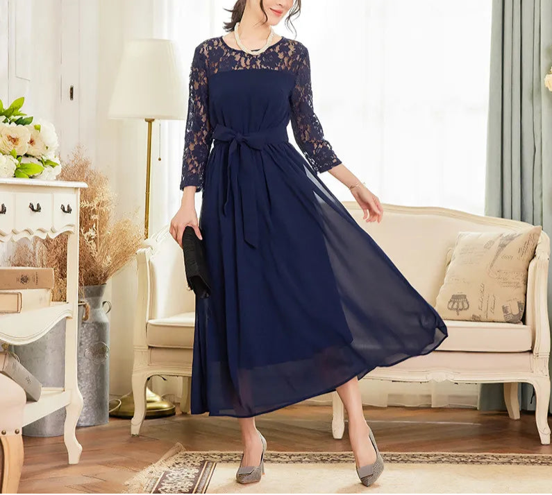 Elegant damklänning - Spetsärmdetalj - Midjeband - Midilängd