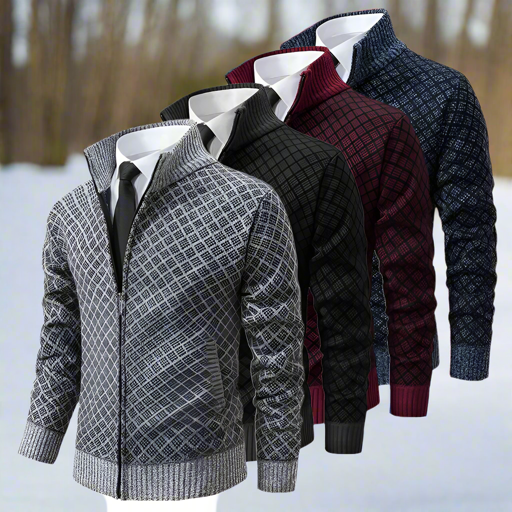 Herr Stickad Kofta - Slim Fit - Dragkedja & Hög Krage - Mönstrad - Ribbad Kant