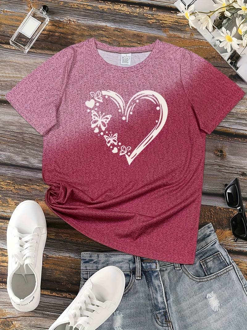 Dam T-shirt - Rundhals - Kortärmad - Fjäril & Hjärtmotiv - Bekväm Vardagströja