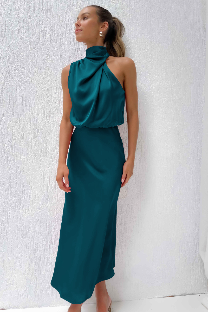 Klänning för dam - Elegant maxiklänning - Halterneck med drapering - Lyxigt satinliknande tyg