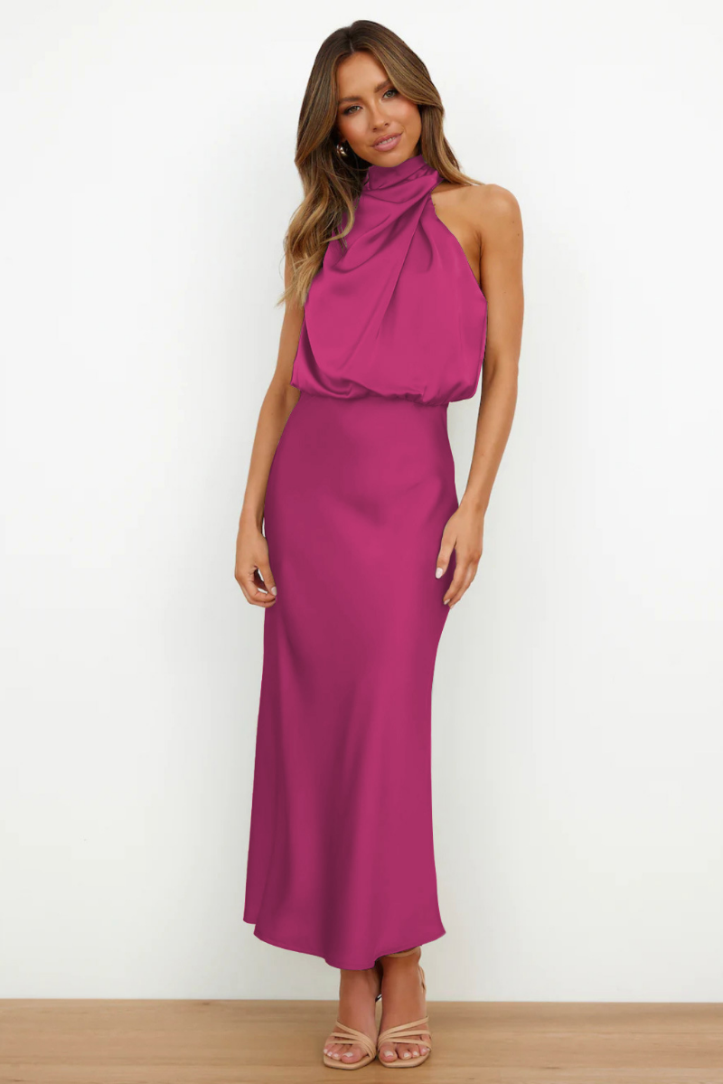 Klänning för dam - Elegant maxiklänning - Halterneck med drapering - Lyxigt satinliknande tyg