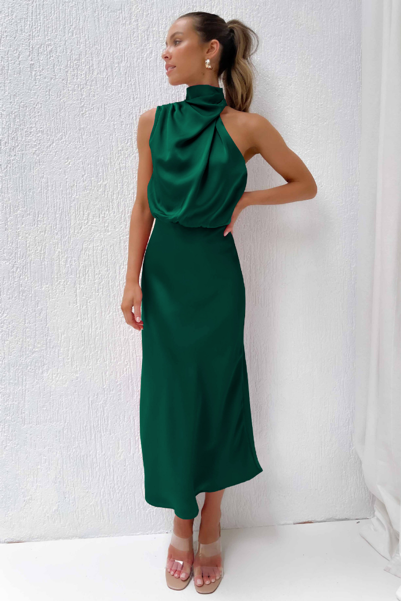 Klänning för dam - Elegant maxiklänning - Halterneck med drapering - Lyxigt satinliknande tyg