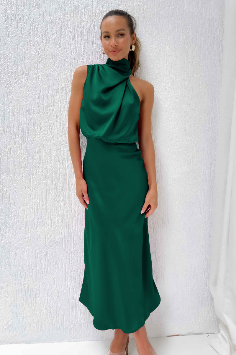 Klänning för dam - Elegant maxiklänning - Halterneck med drapering - Lyxigt satinliknande tyg