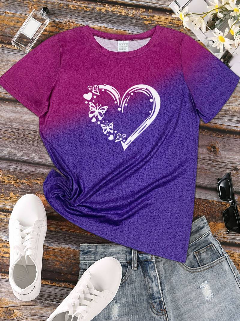 Dam T-shirt - Rundhals - Kortärmad - Fjäril & Hjärtmotiv - Bekväm Vardagströja