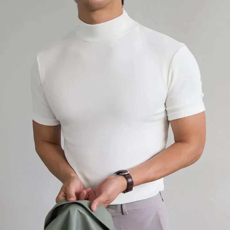 Herr T-shirt – Slim Fit – Hög Krage – Korta Ärmar – Naturliga Fibrer