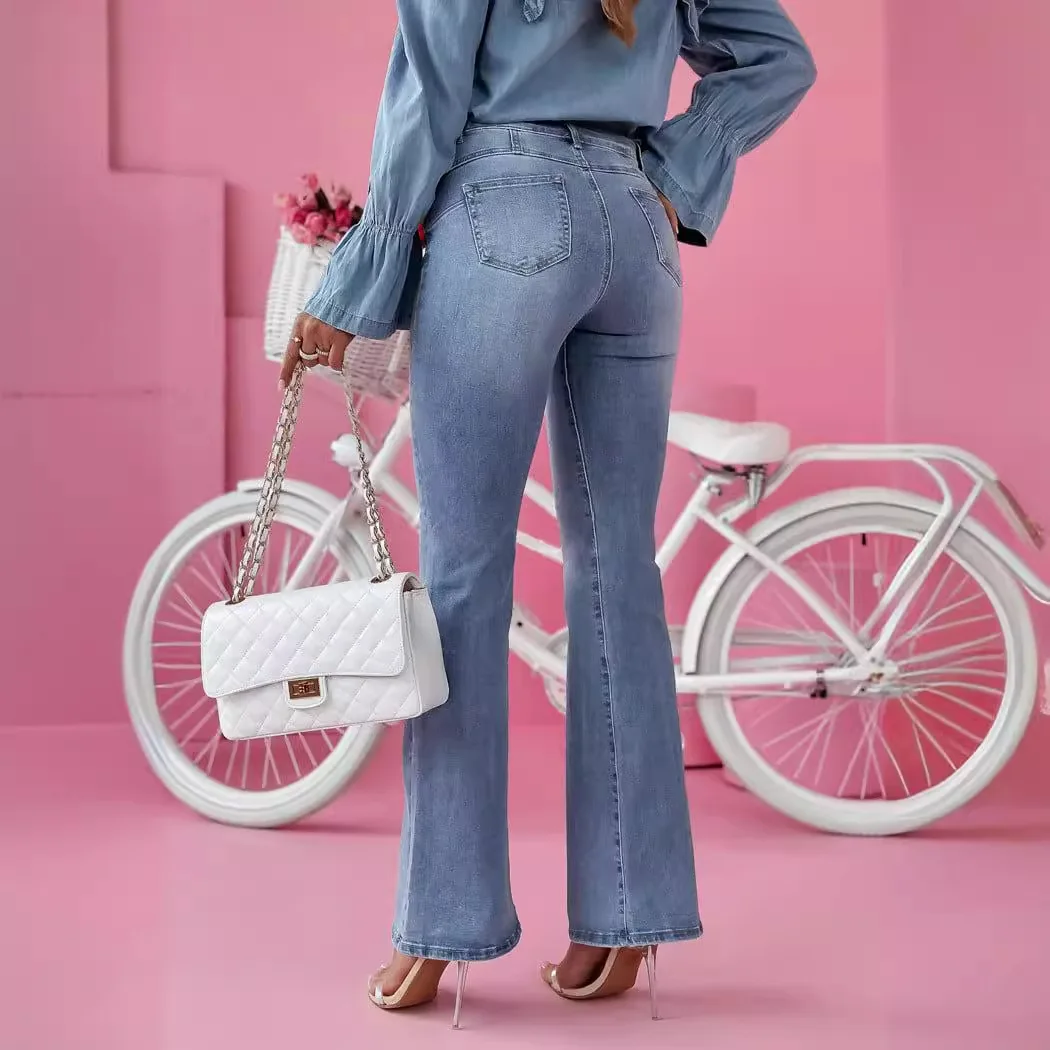 Damjeans Med Hög Midja – Vida Ben – Flared Passform – Strukturerad Denim – Hellång