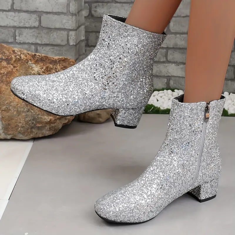 Dam Ankelboots – Glitterfinish – Mandeltå – Medelhög Blockklack – Dragkedja