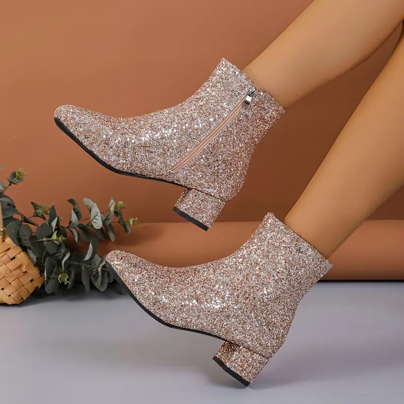 Dam Ankelboots – Glitterfinish – Mandeltå – Medelhög Blockklack – Dragkedja