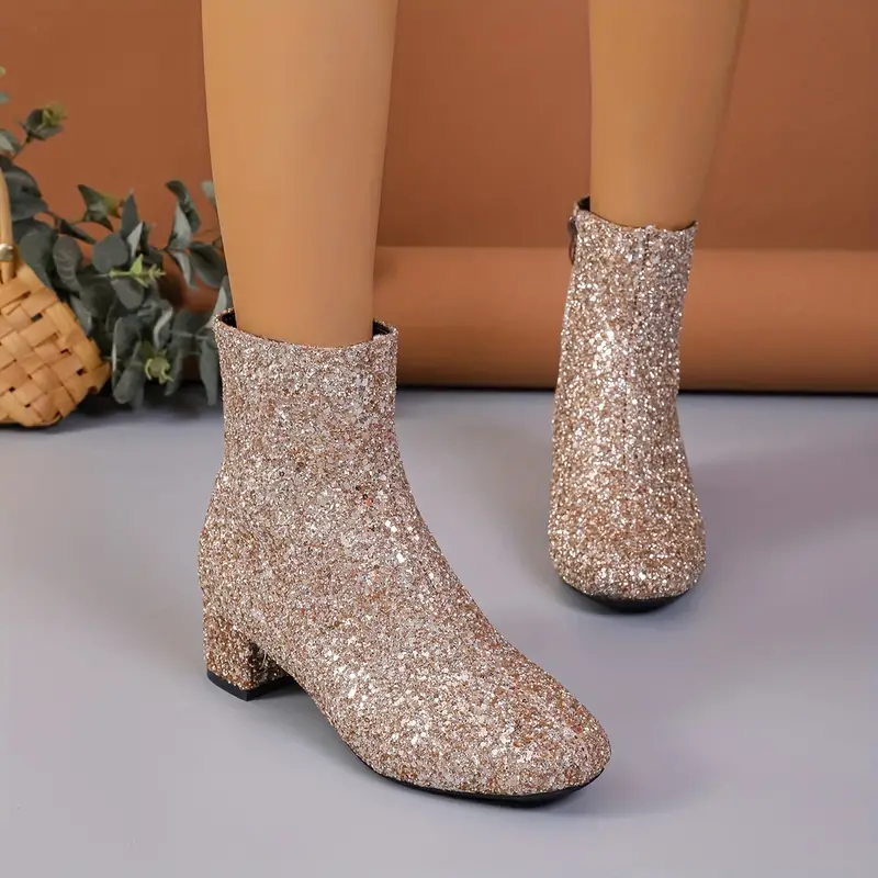 Dam Ankelboots – Glitterfinish – Mandeltå – Medelhög Blockklack – Dragkedja