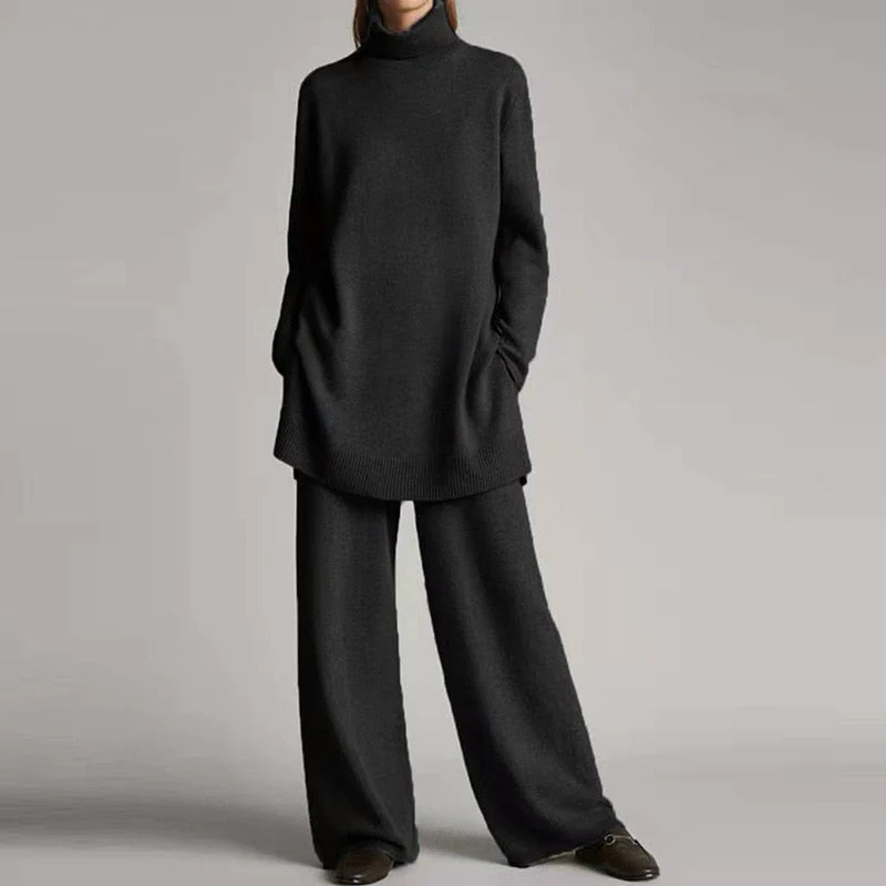 Dam Loungewear Set – Stickad Textur – Oversize Topp – Vida Byxor – Polokrage