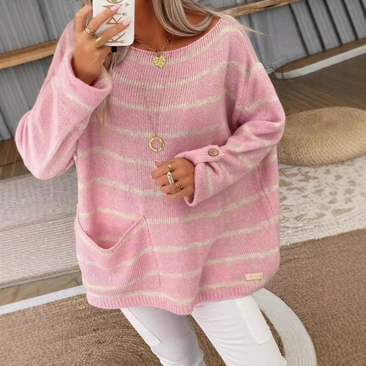 Damtröja – Oversized Passform – Ullmix – Randigt Mönster – Framfickor – Knappdetalj