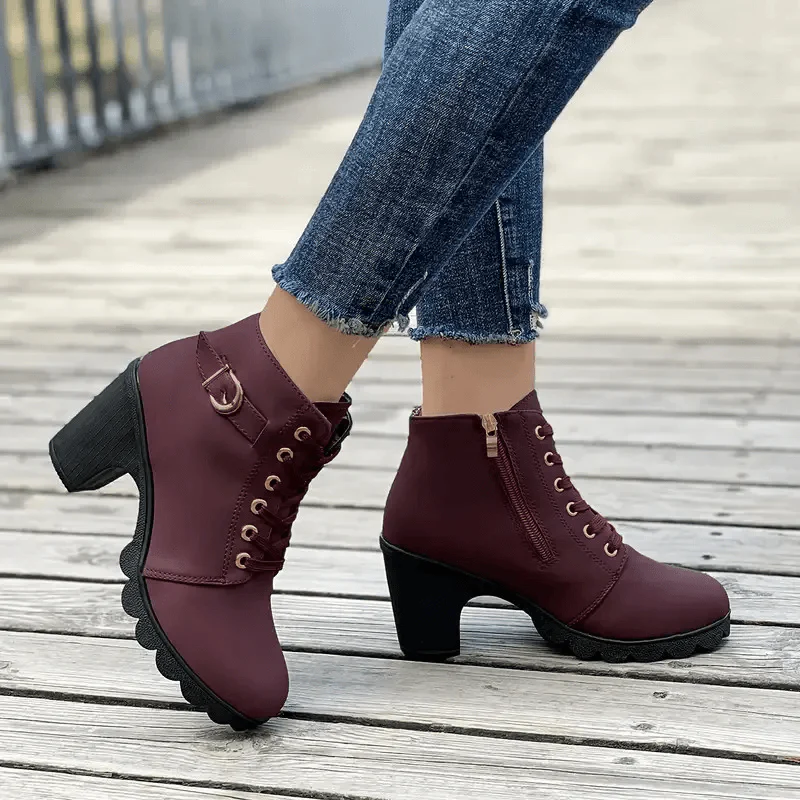 Dam Ankelboots – Blockklack – Snörning – Spänndetalj – Räfflad Sula – Dragkedja