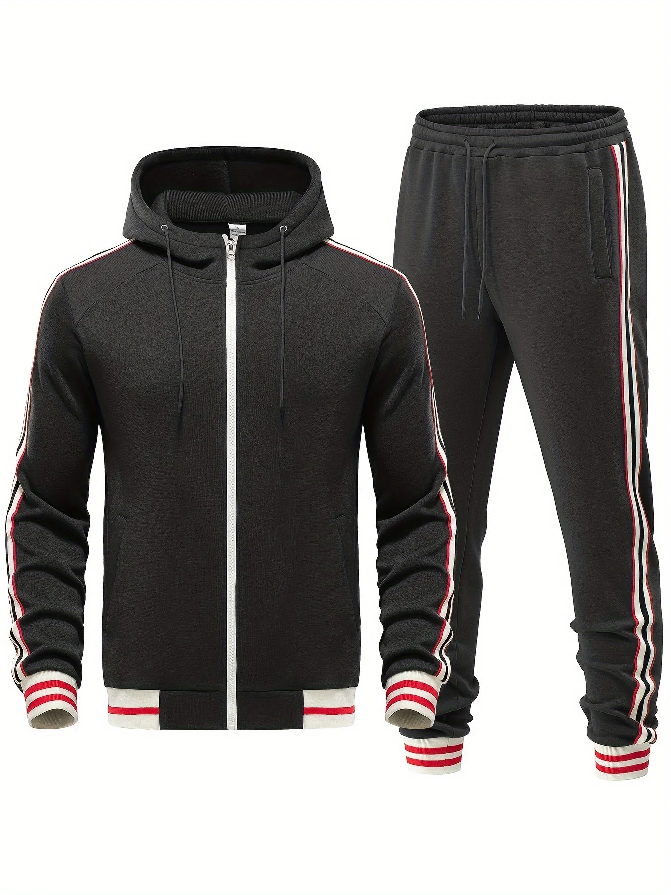 Herr Träningsset – Slim Fit – Huva med Dragkedja – Taperade Byxor – Randig Kant