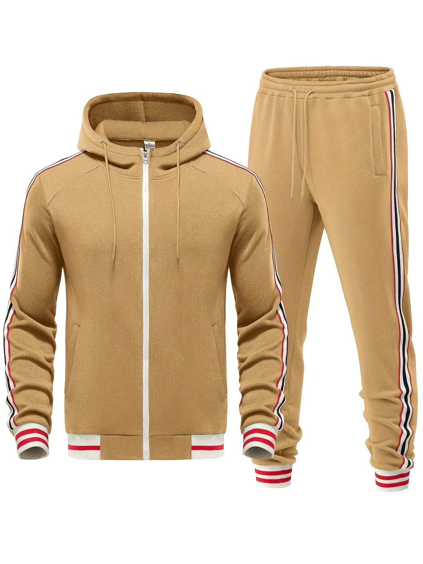 Herr Träningsset – Slim Fit – Huva med Dragkedja – Taperade Byxor – Randig Kant