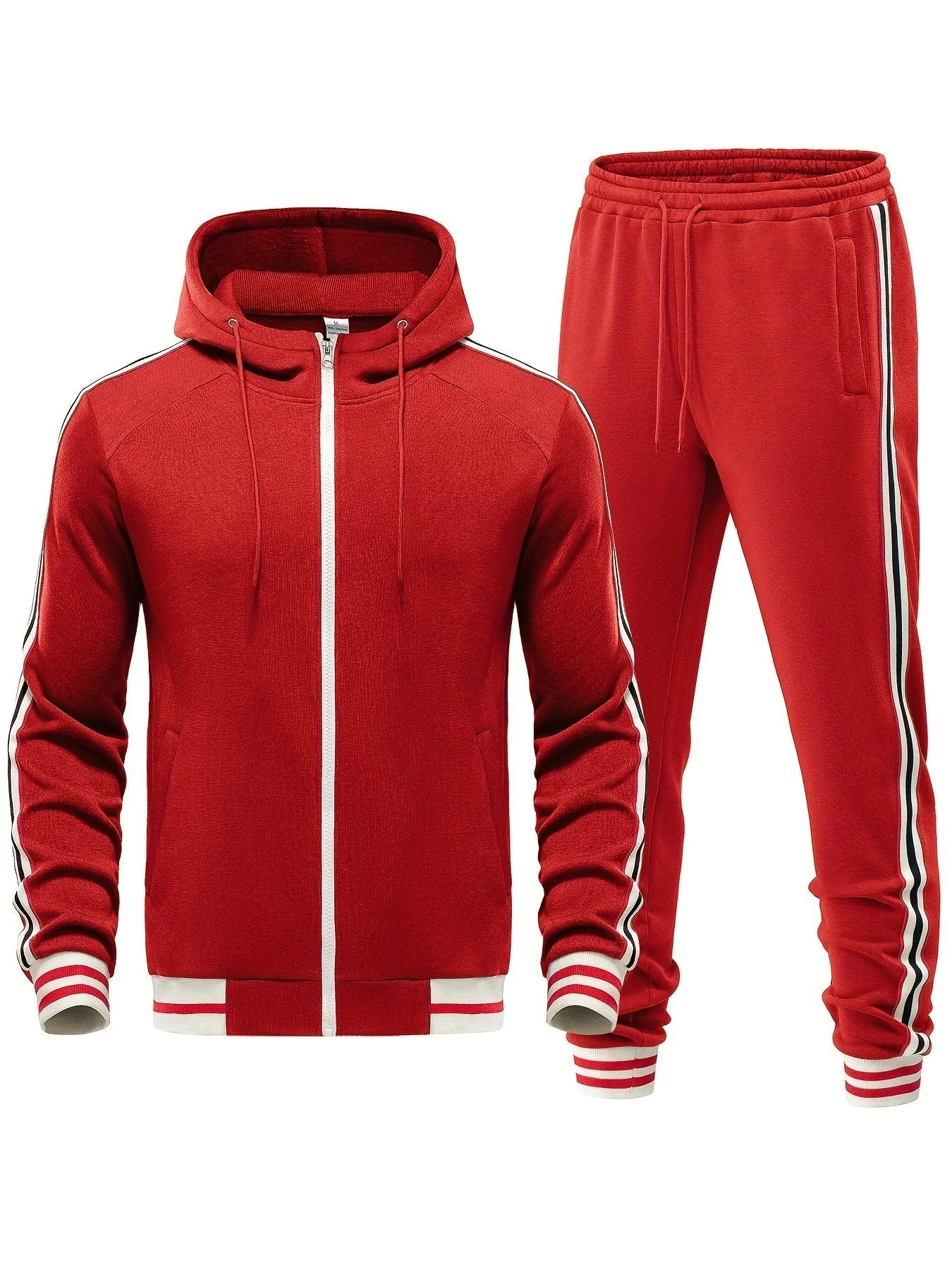 Herr Träningsset – Slim Fit – Huva med Dragkedja – Taperade Byxor – Randig Kant