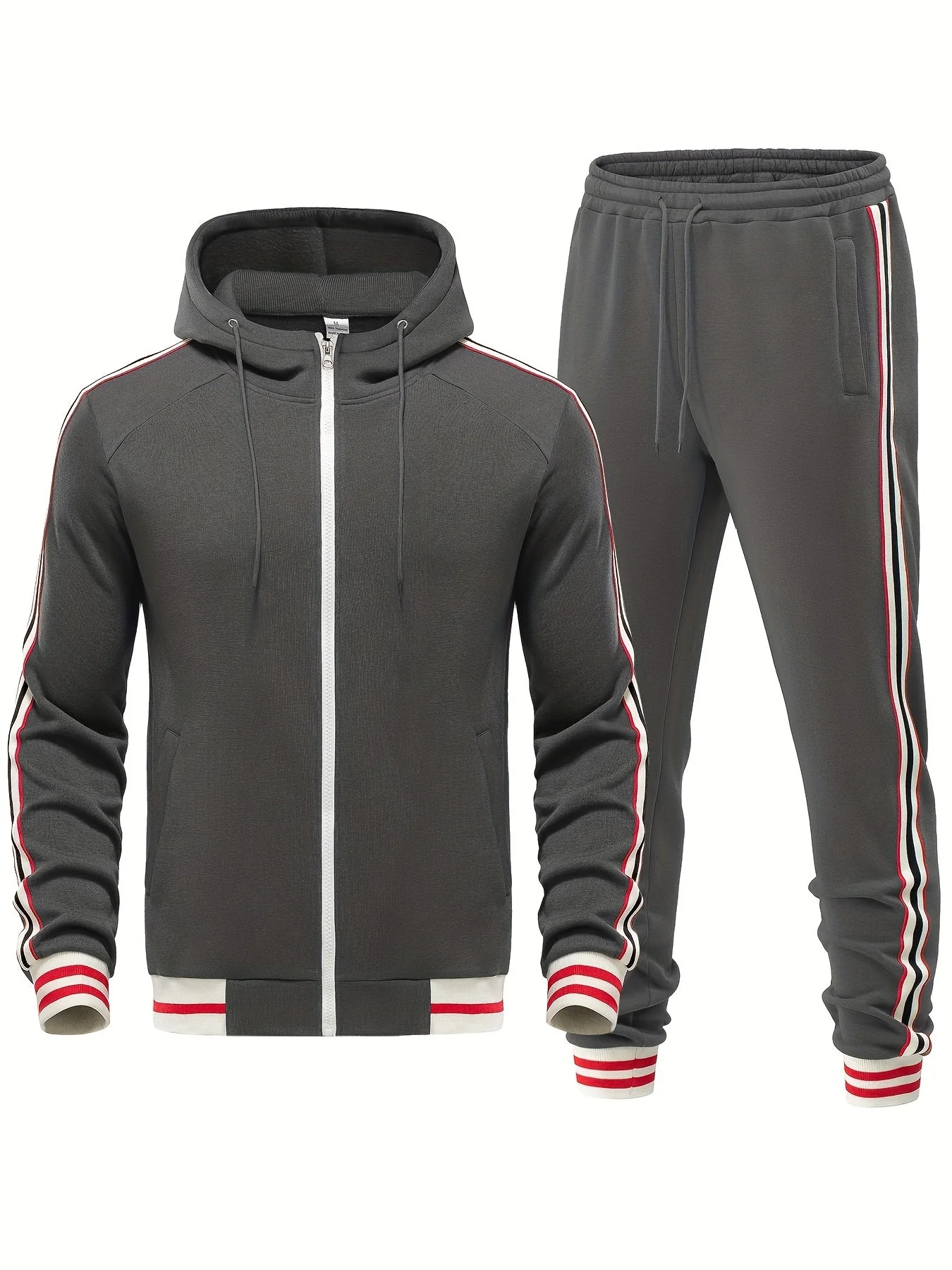 Herr Träningsset – Slim Fit – Huva med Dragkedja – Taperade Byxor – Randig Kant
