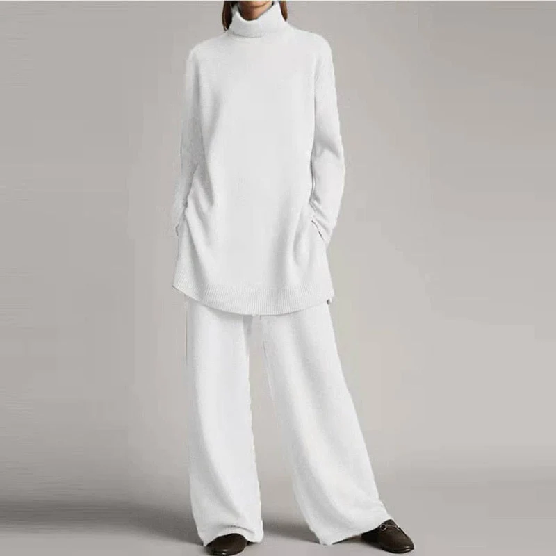 Dam Loungewear Set – Stickad Textur – Oversize Topp – Vida Byxor – Polokrage