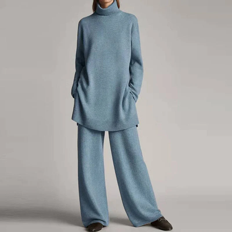Dam Loungewear Set – Stickad Textur – Oversize Topp – Vida Byxor – Polokrage
