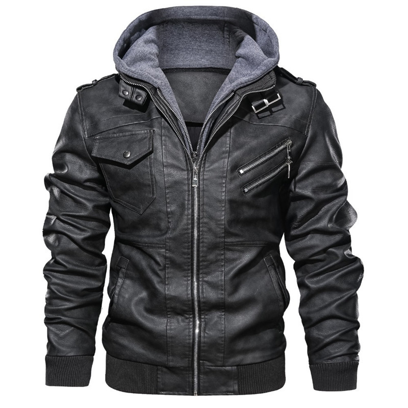 Herrjacka – Slim Fit – Läderlook – Huva med Foder – Dragkedjefickor – Ribbade Muddar