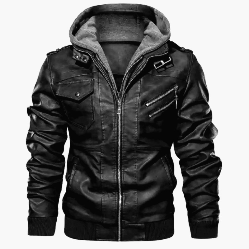 Herrjacka – Slim Fit – Läderlook – Huva med Foder – Dragkedjefickor – Ribbade Muddar
