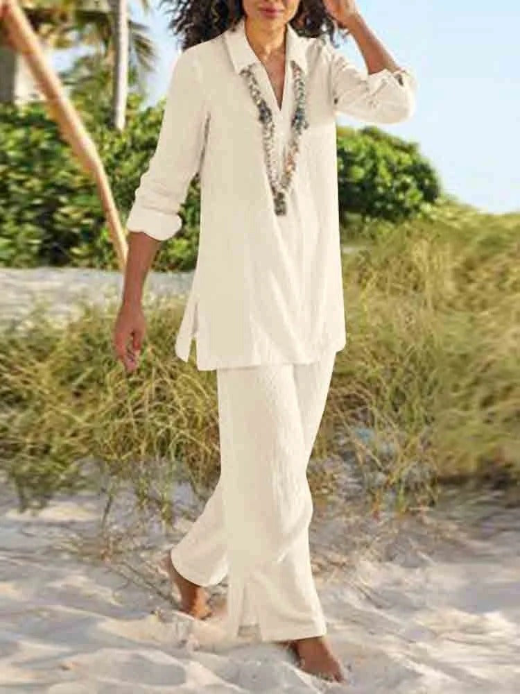 Damset – V-ringad långärmad topp – Hellånga raka byxor – Andningsbart tyg