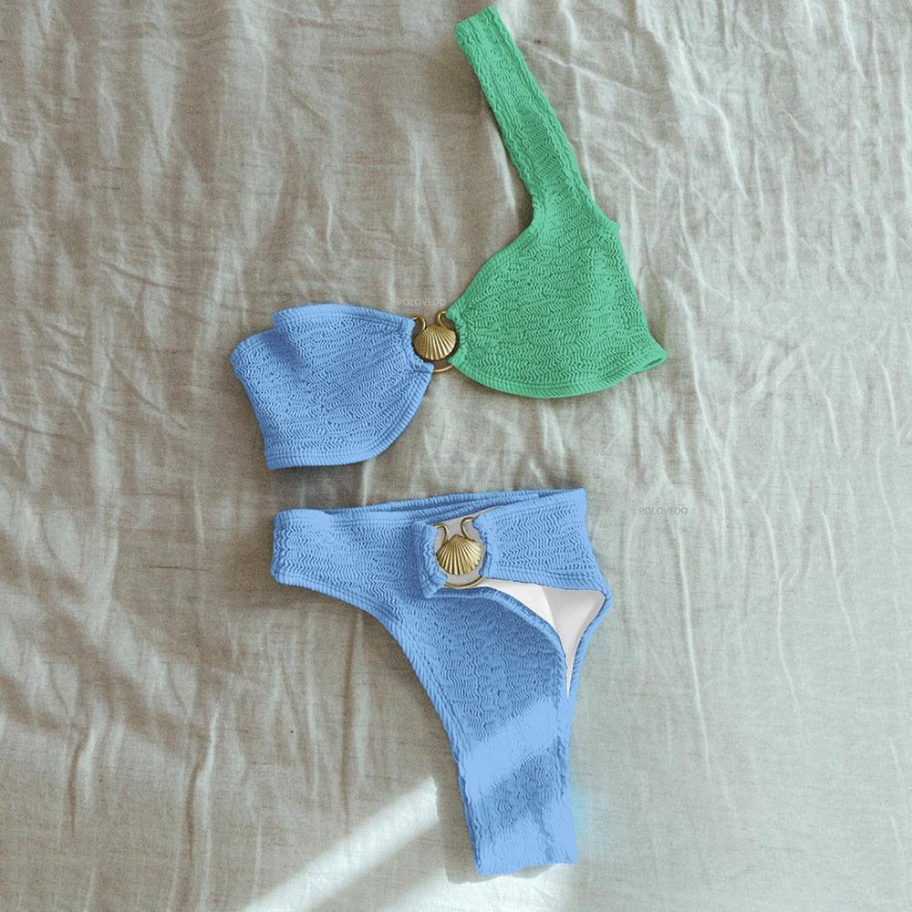 Dam Bikini Set – Figurnära Passform – Hög Midja – Ribbad Stretch – Ringdetalj