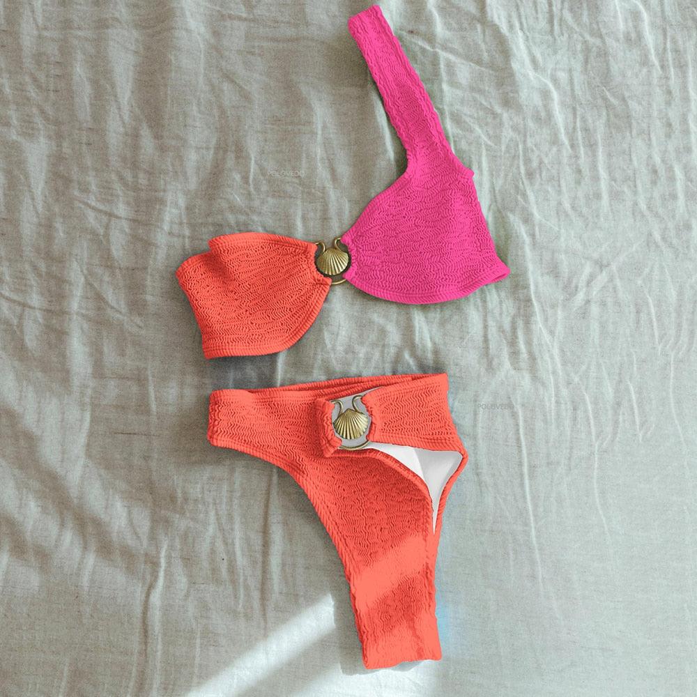 Dam Bikini Set – Figurnära Passform – Hög Midja – Ribbad Stretch – Ringdetalj