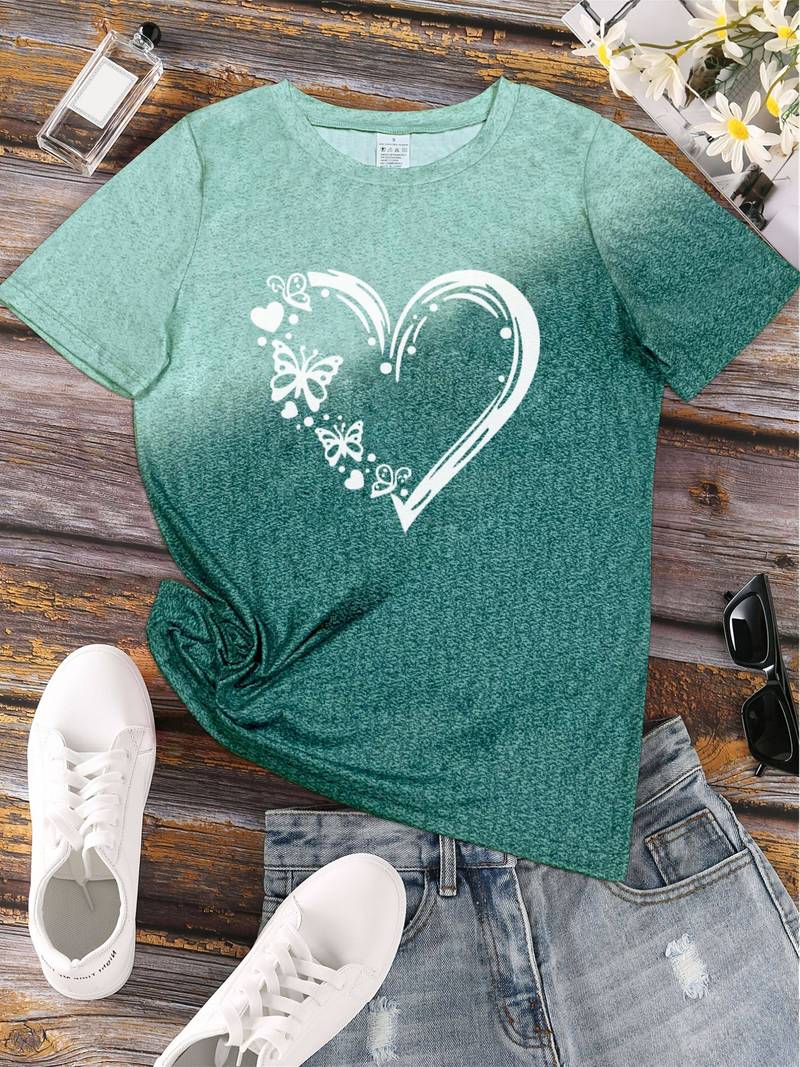 Dam T-shirt - Rundhals - Kortärmad - Fjäril & Hjärtmotiv - Bekväm Vardagströja