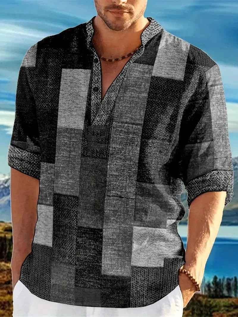 Herrskjorta - Regular Fit - Långärmad Patchworkdesign - V-ringning Casual