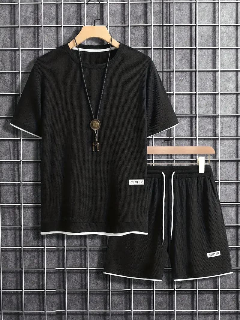 Herr Träningsset – Ribbad T-shirt & Shorts – Andas & Bekvämt – Avslappnad Passform