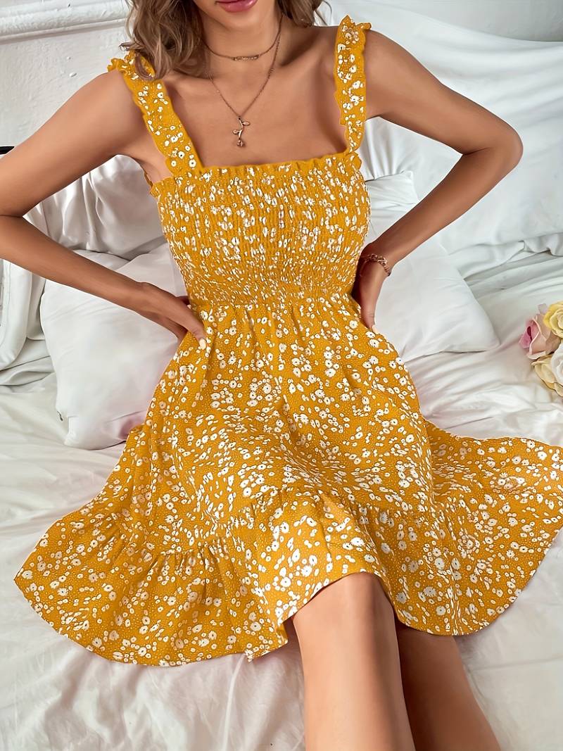 Klänning Dam - Ärmlös Smockad Bodice - Fyrkantig Halsringning - Blommigt Mönster - Vardagsbruk