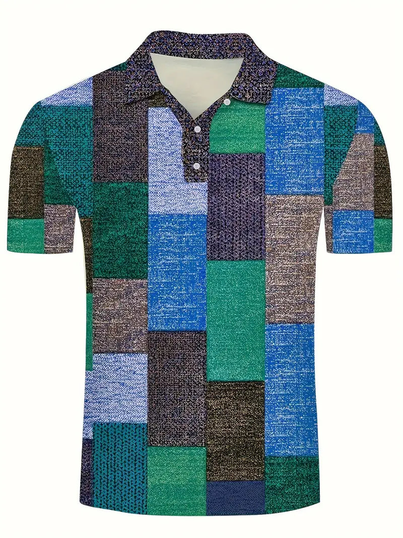 Herr Pikétröja - Patchworkdesign - Vävd Textur - Knappslå - Slim Fit