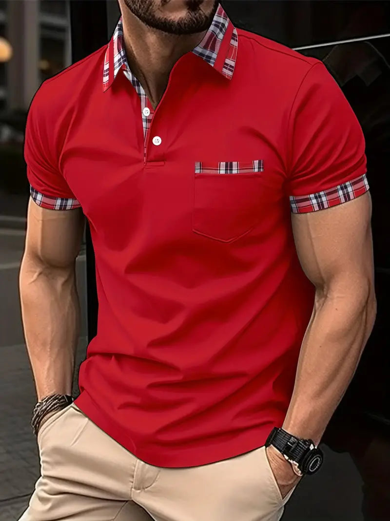 Herr Pikétröja - Kort Ärm - Slim Fit - Rutiga Detaljer - Andningsbar Casualstil